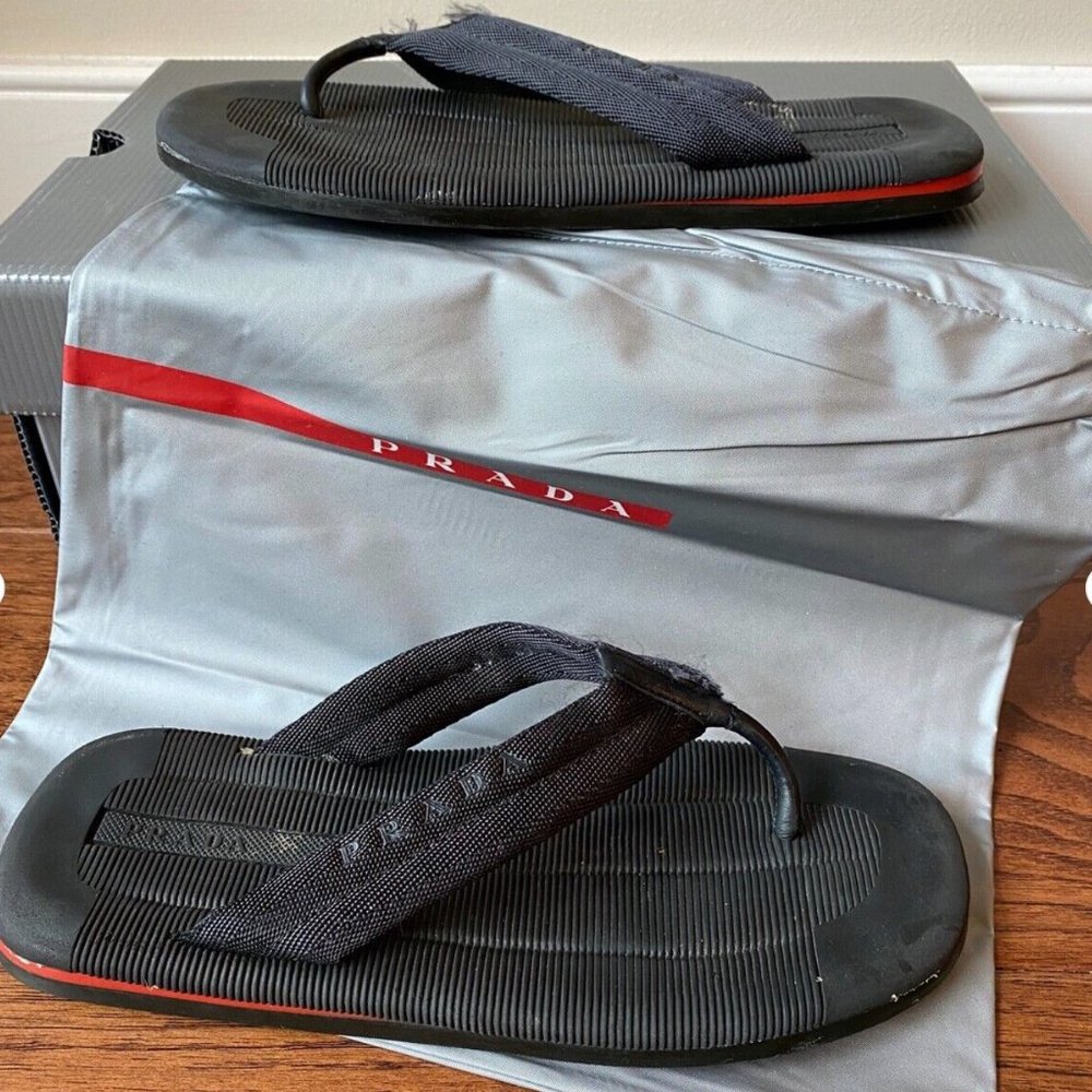 Prada Calzature Donna Nastro Fabric Logo Embossed Thong Sandals Women's Sz 8.5B